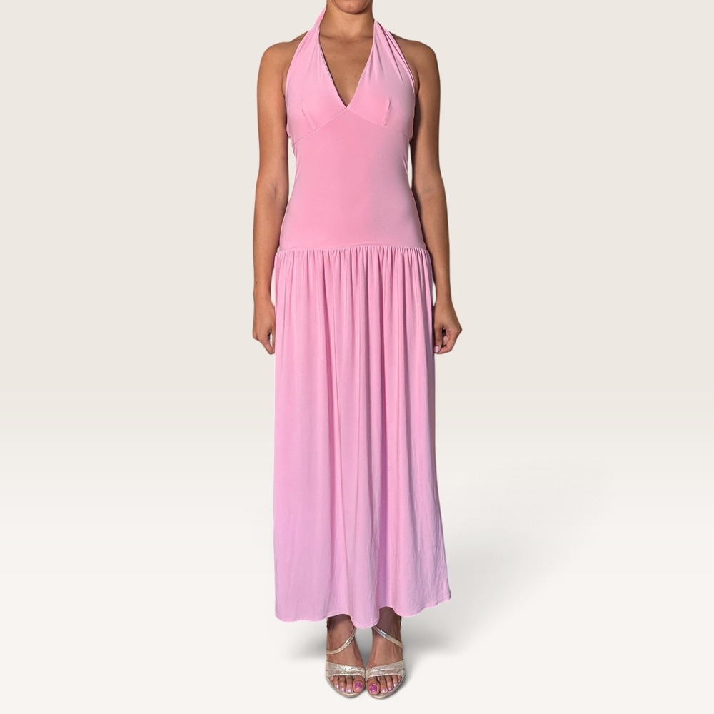 Boohoo Slinky Plunge Drop Waist Maxi Dress Pink US 4 Balletcore Feminine EUC